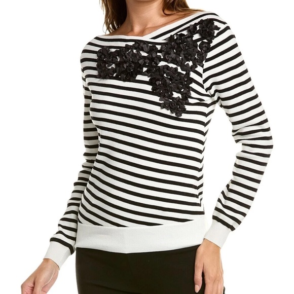 Gracia Asymmetrical Striped Boat Neck Embroidered Trim Sweater Size: Large. - Picture 1 of 16